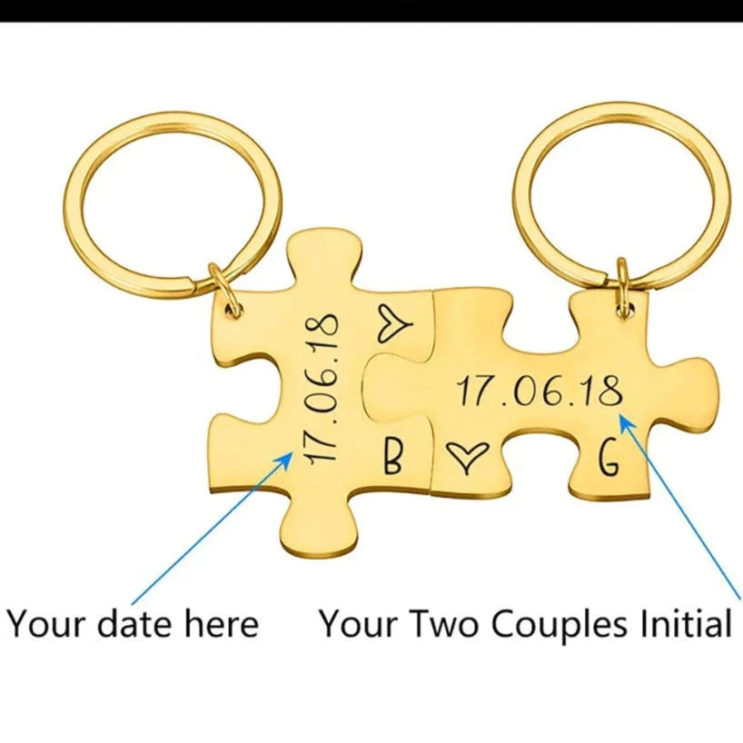 Custom Engraved Puzzle Charm Keychain with Date and Initials