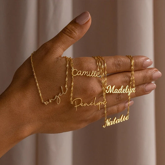 Name Necklace with Water Wave Chain - Custom Necklace