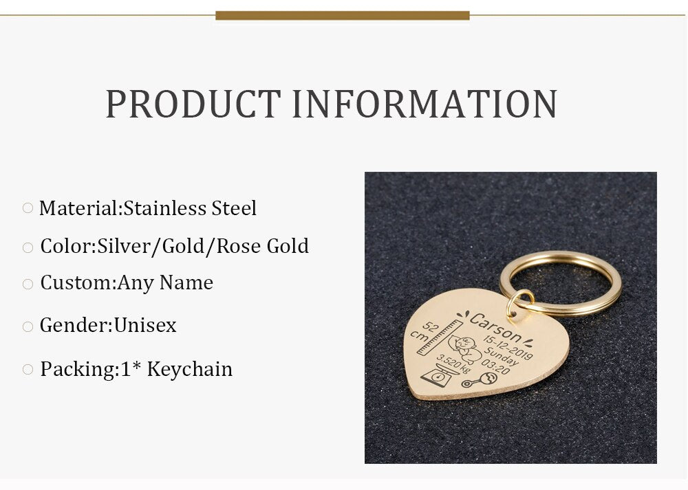 Birth Information Heart Keychain