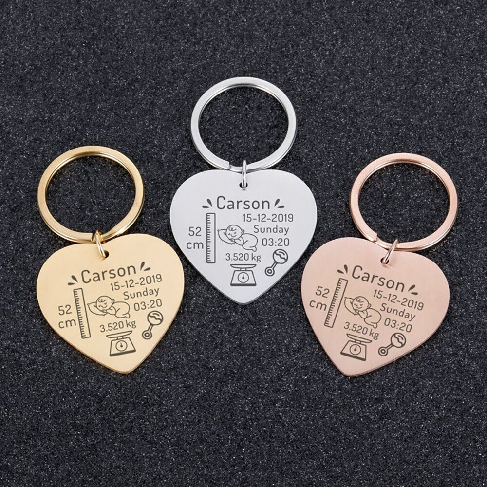 Birth Information Heart Keychain