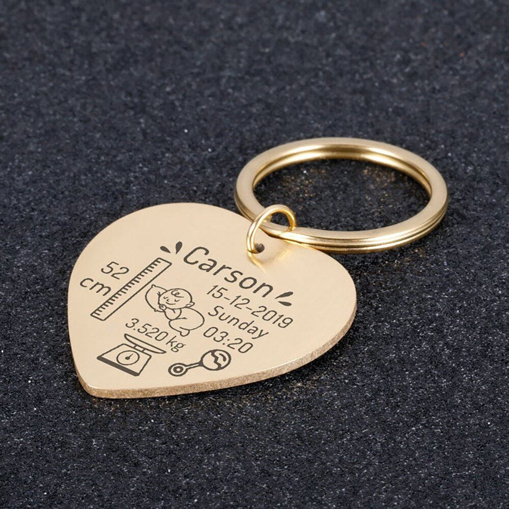 Birth Information Heart Keychain