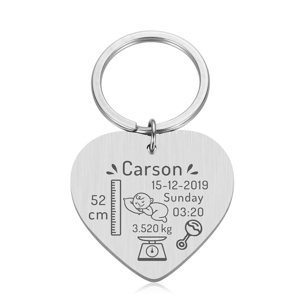 Birth Information Heart Keychain