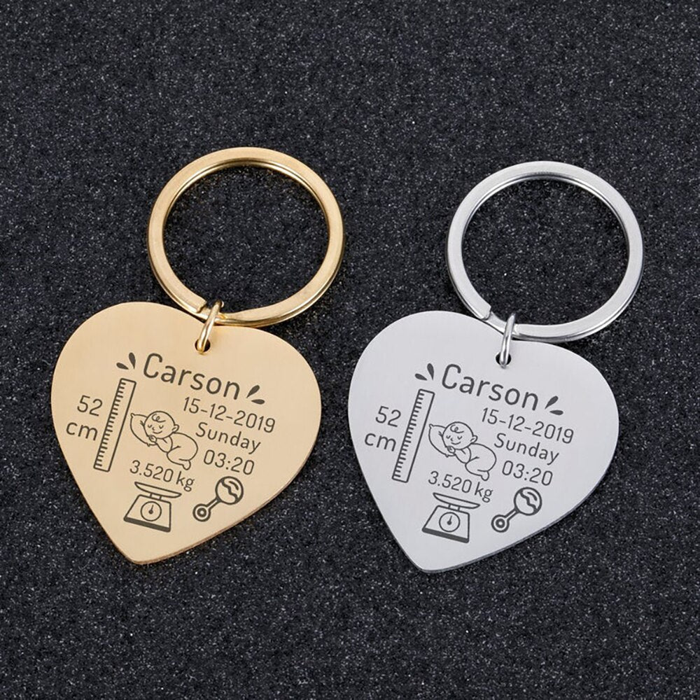 Birth Information Heart Keychain
