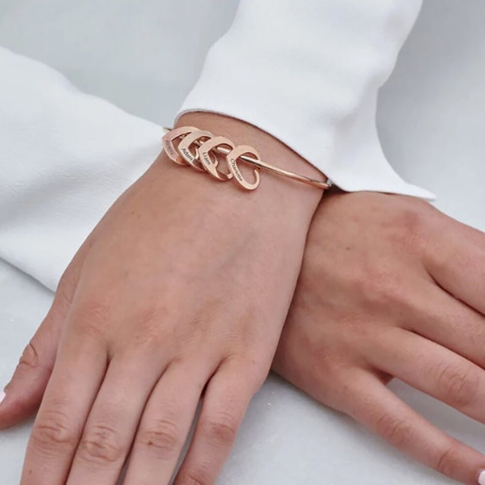 Bangle with Name Carved Heart Charms - Bracelet