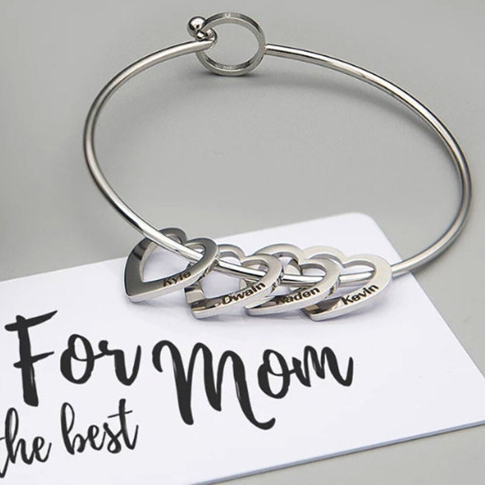 Bangle with Name Carved Heart Charms - Bracelet