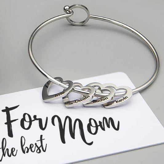 Bangle with Name Carved Heart Charms - Bracelet