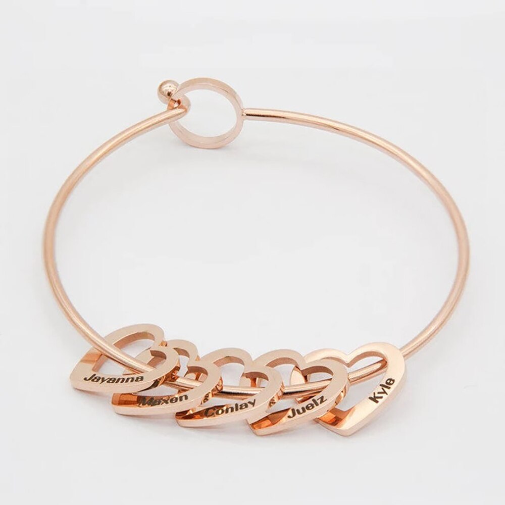 Bangle with Name Carved Heart Charms - Bracelet