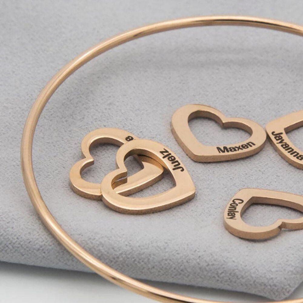 Bangle with Name Carved Heart Charms - Bracelet