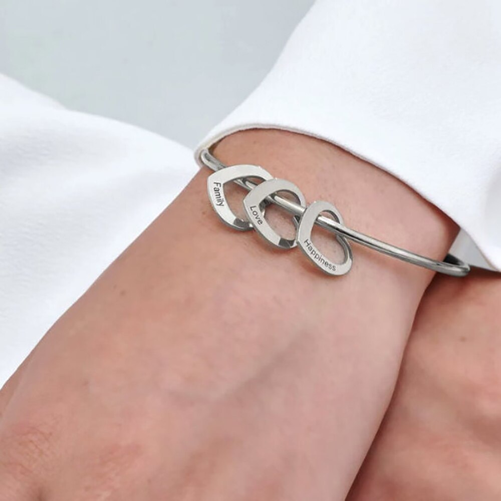 Bangle with Name Carved Heart Charms - Bracelet