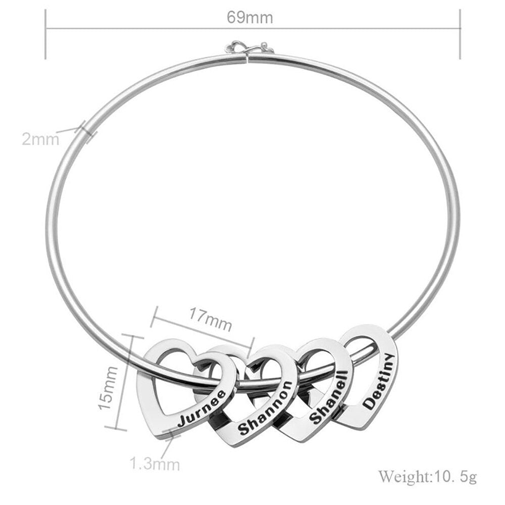Bangle with Name Carved Heart Charms - Bracelet