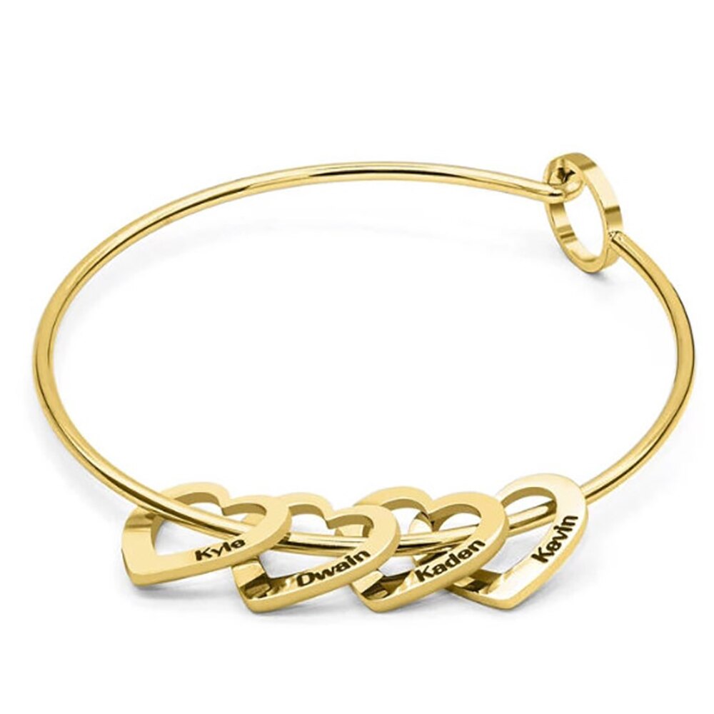 Bangle with Name Carved Heart Charms - Bracelet