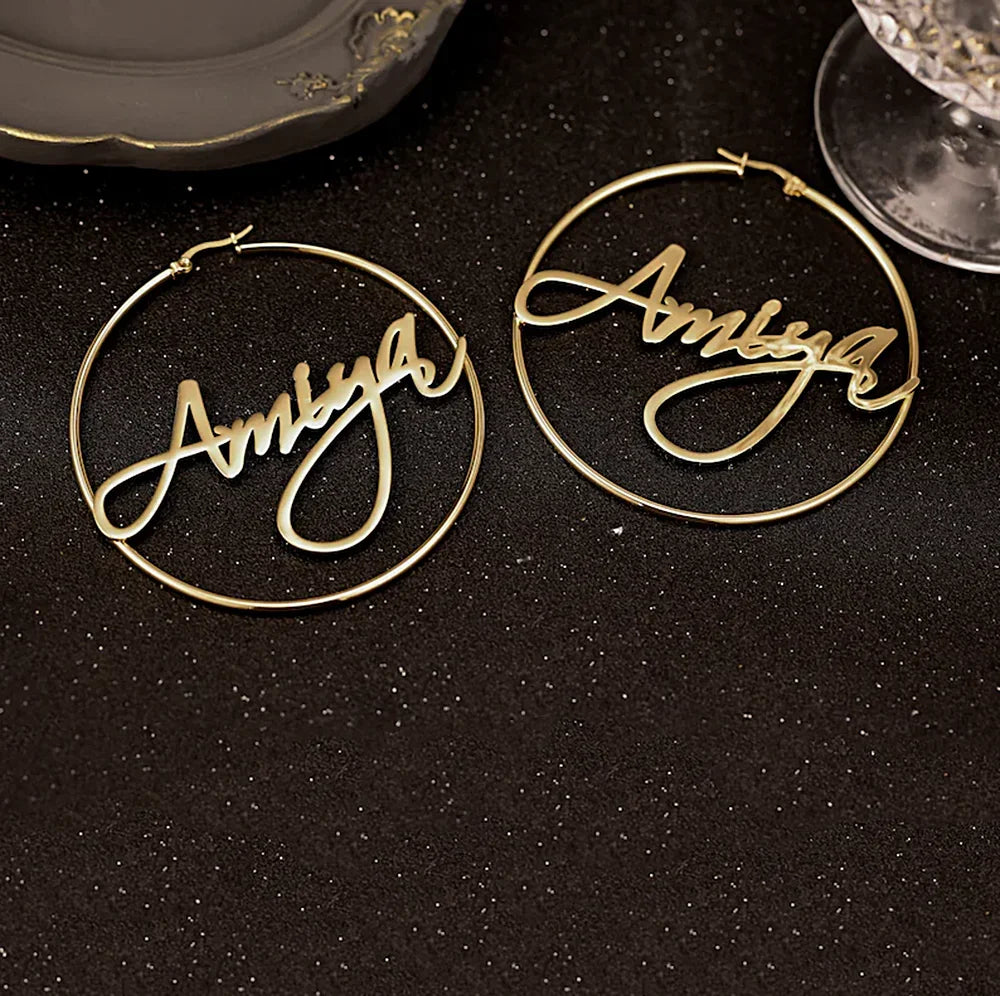 Big Round Hoop Loop Gold Earring Personalized with Name
