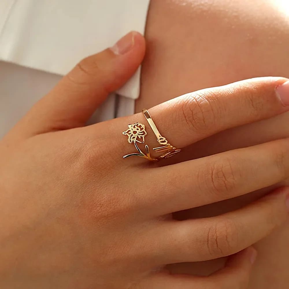 Birth Flower and Name Ring - Ring