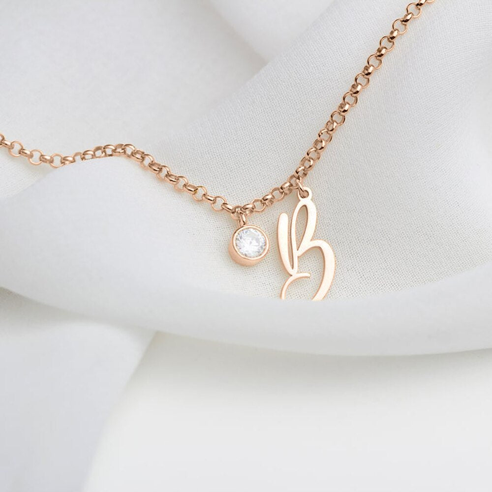 Bracelet with Letter and Birthstone Charm - Rose Gold / 17cm