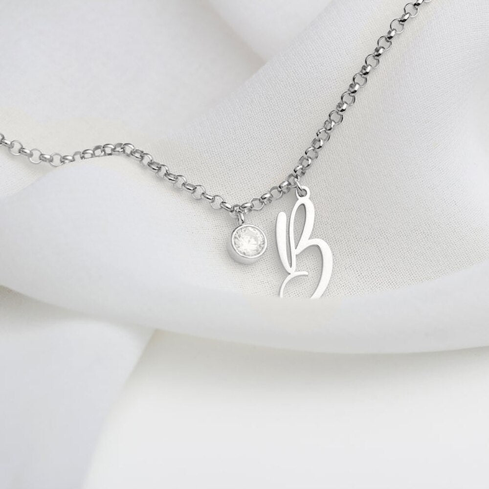 Bracelet with Letter and Birthstone Charm - Silver / 17cm -