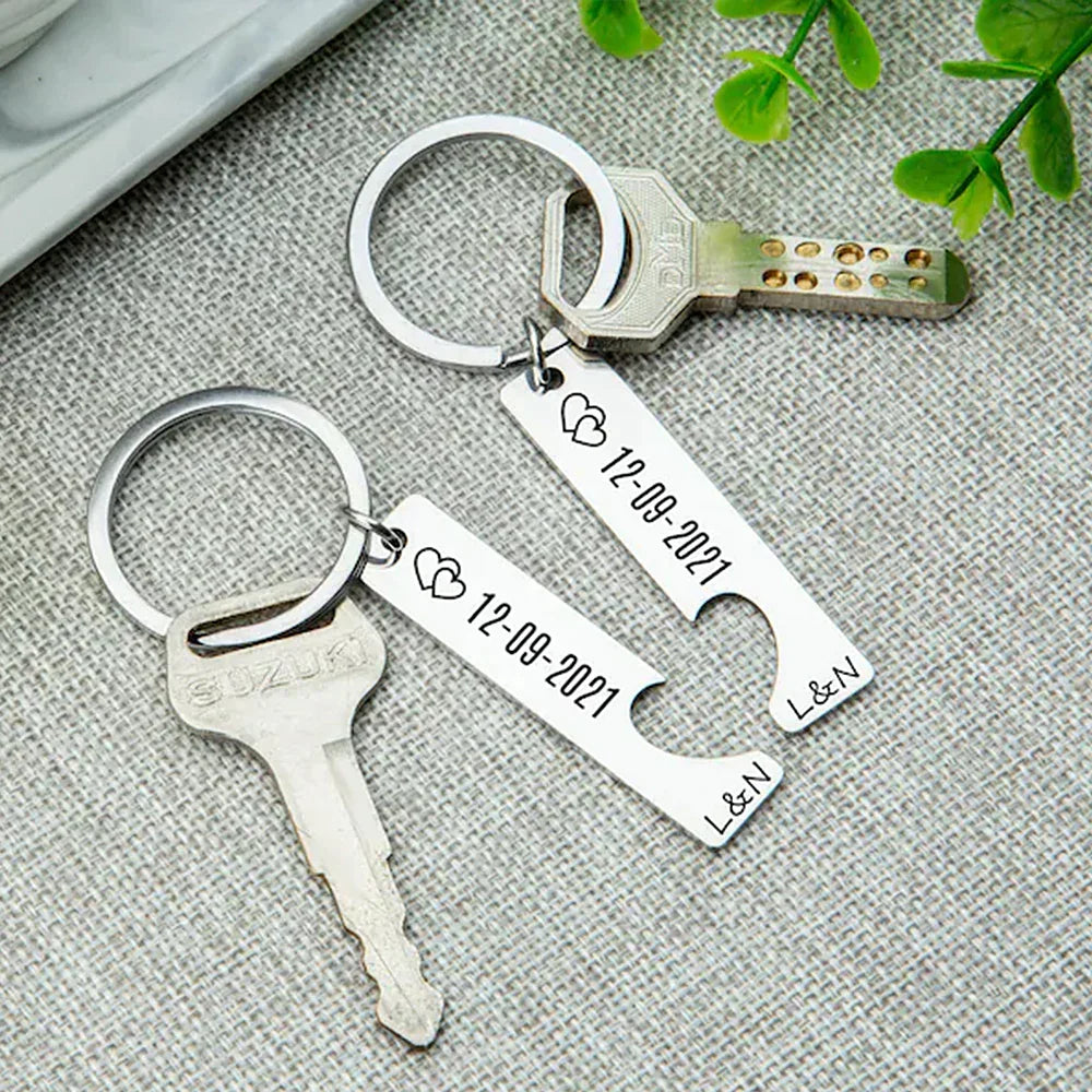 Couple Engraved Names or Date Keychain with Heart Bottle Opener