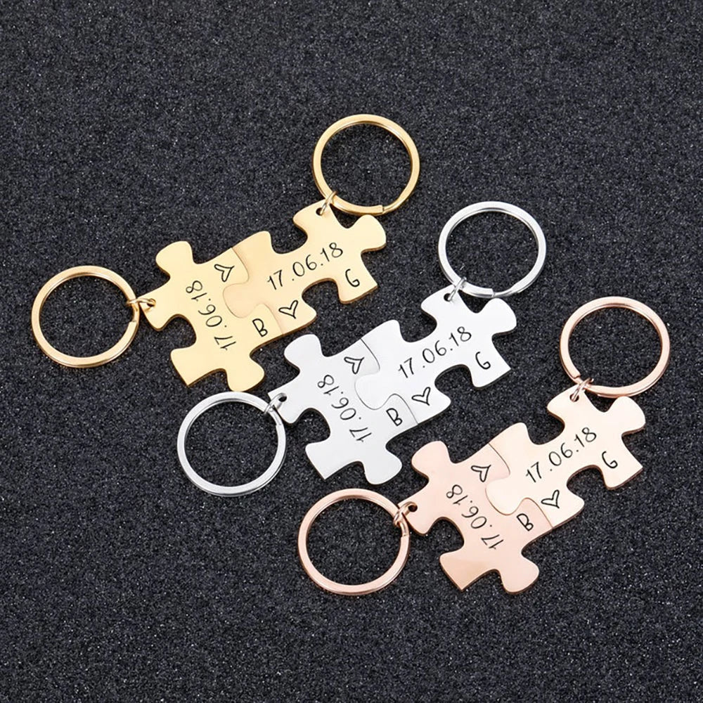 Custom Engraved Puzzle Charm Keychain with Date and Initials