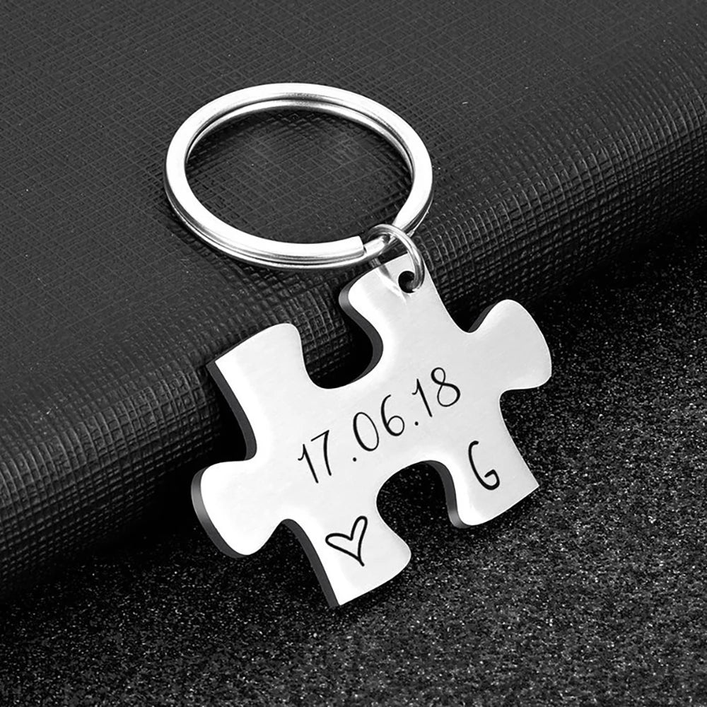 Custom Engraved Puzzle Charm Keychain with Date and Initials