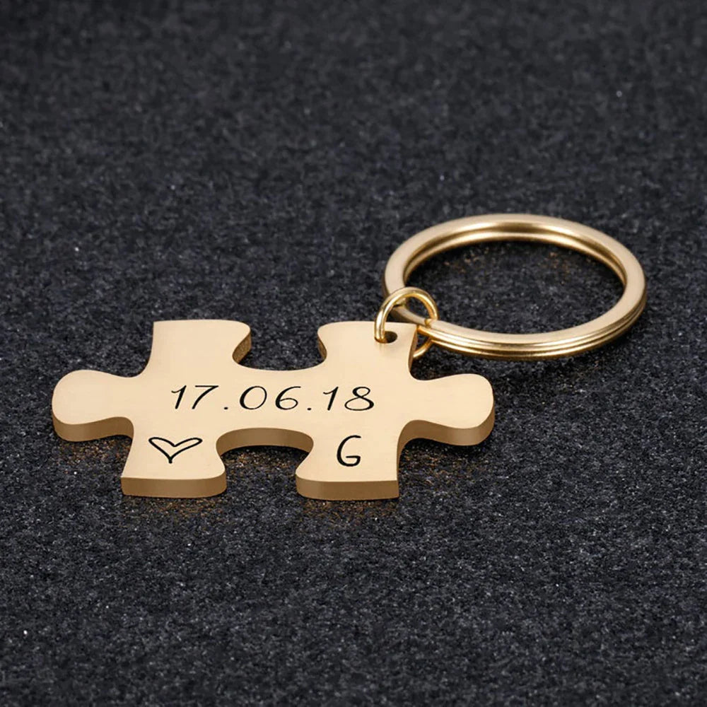 Custom Engraved Puzzle Charm Keychain with Date and Initials