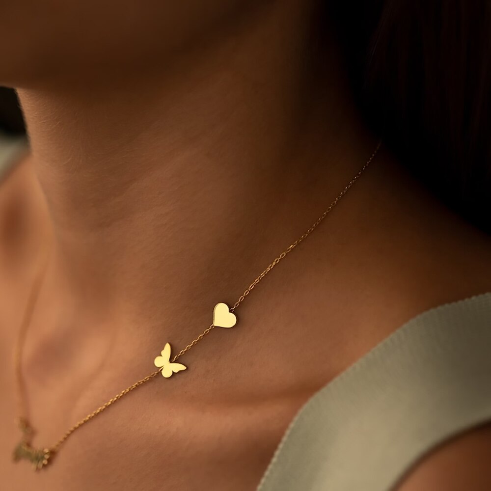 Cute Necklace with Name and Petite Heart & Butterfly -