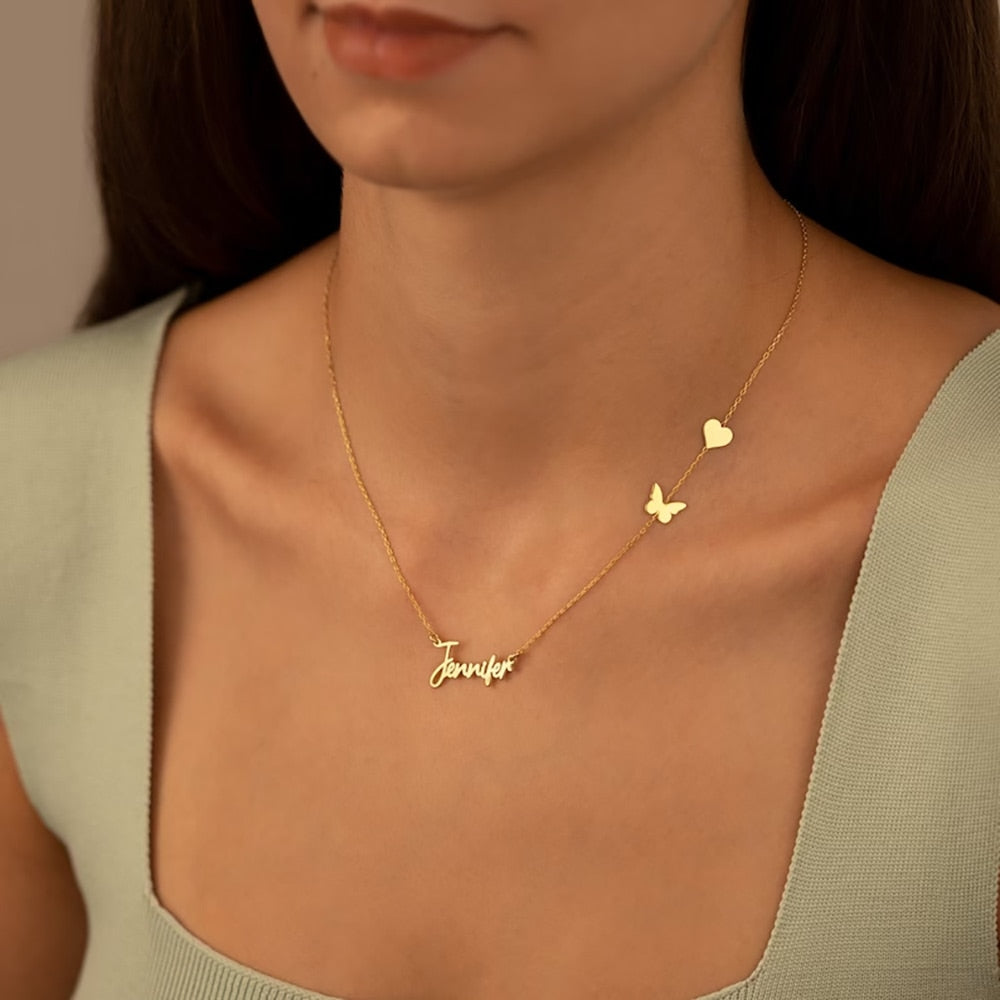 Cute Necklace with Name and Petite Heart & Butterfly -