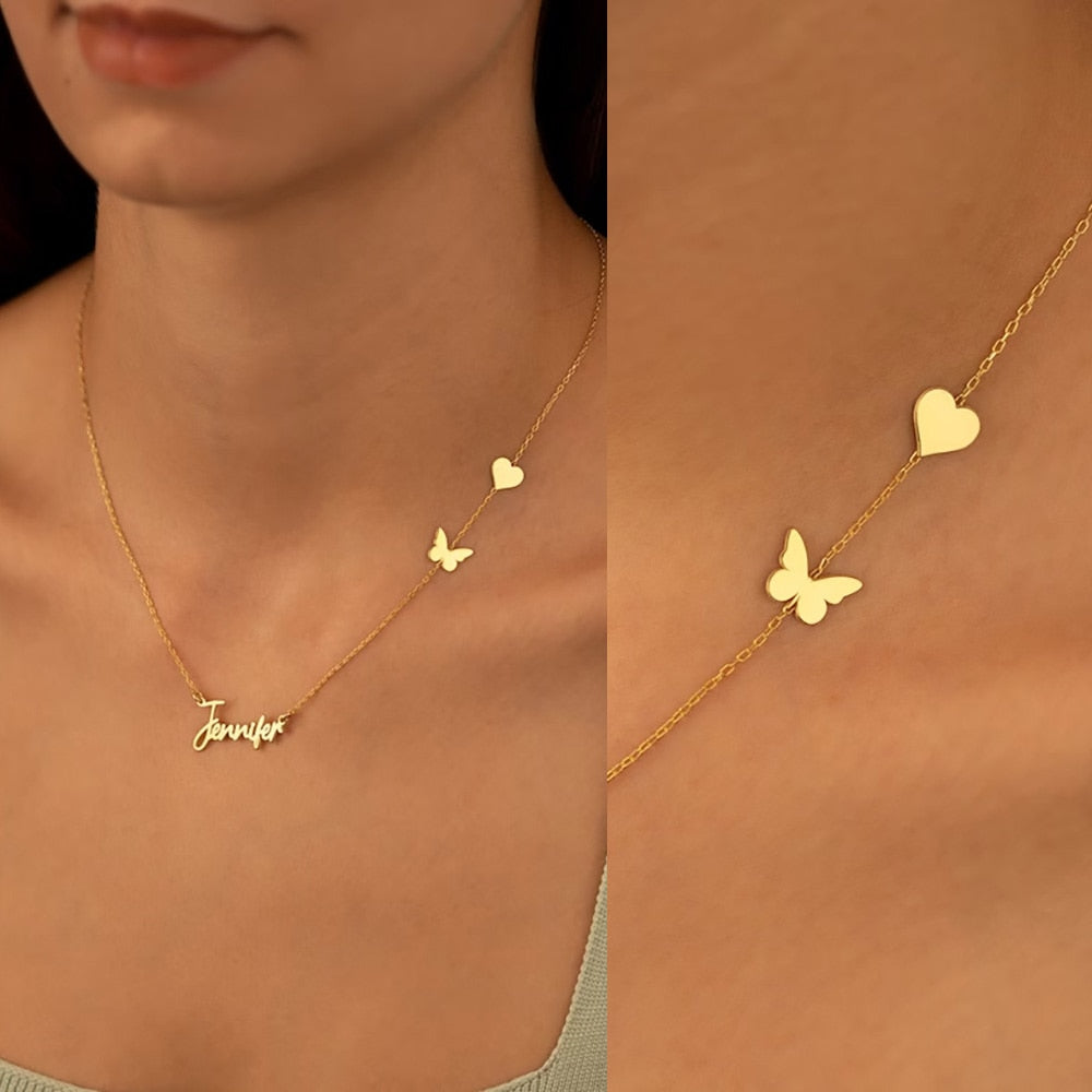 Cute Necklace with Name and Petite Heart & Butterfly -