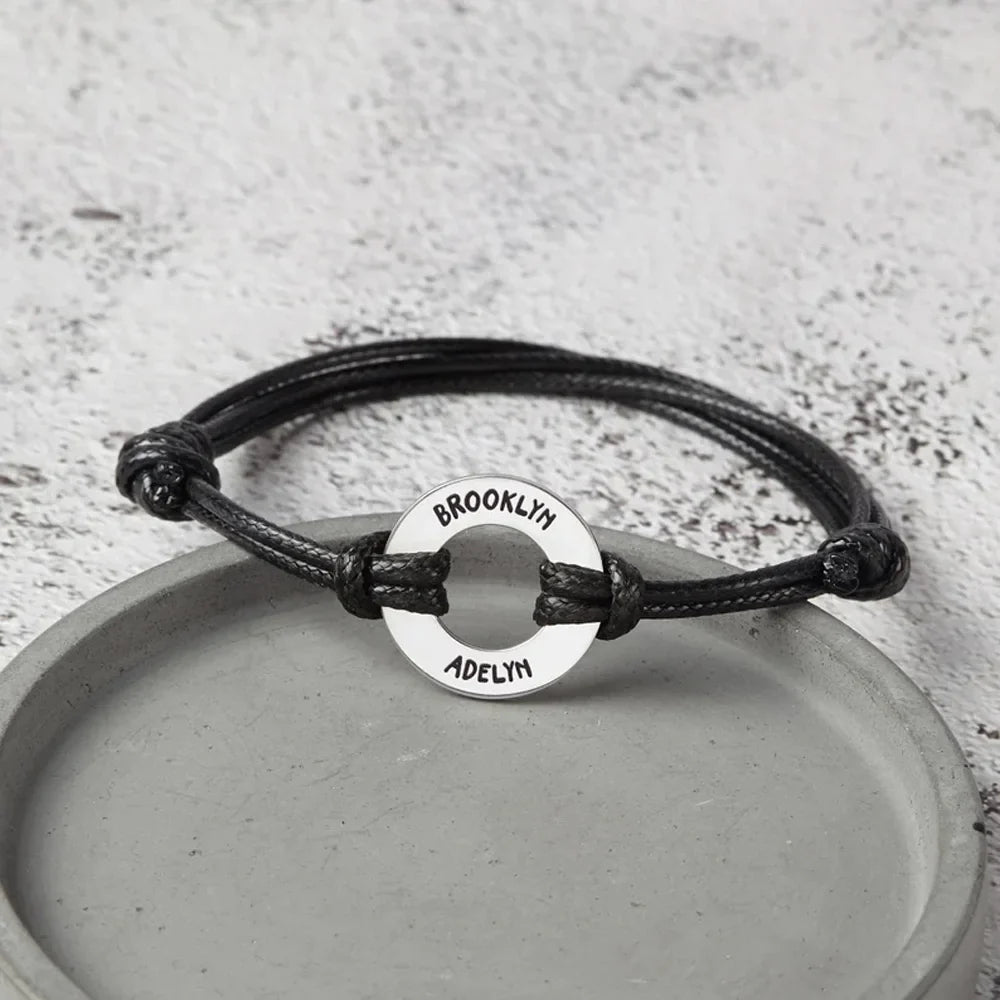 Engraved Adjustable Bracelet with Round Ring Charm