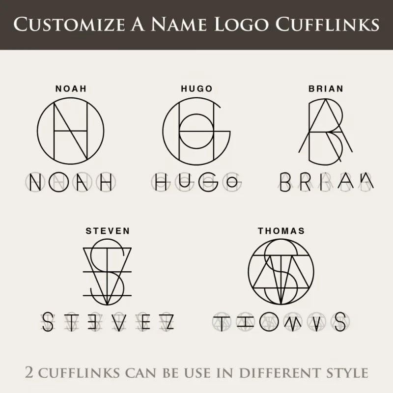 A promotional graphic showing six name logo cufflinks arranged in two rows on a light beige background with a dark brown header and footer text.