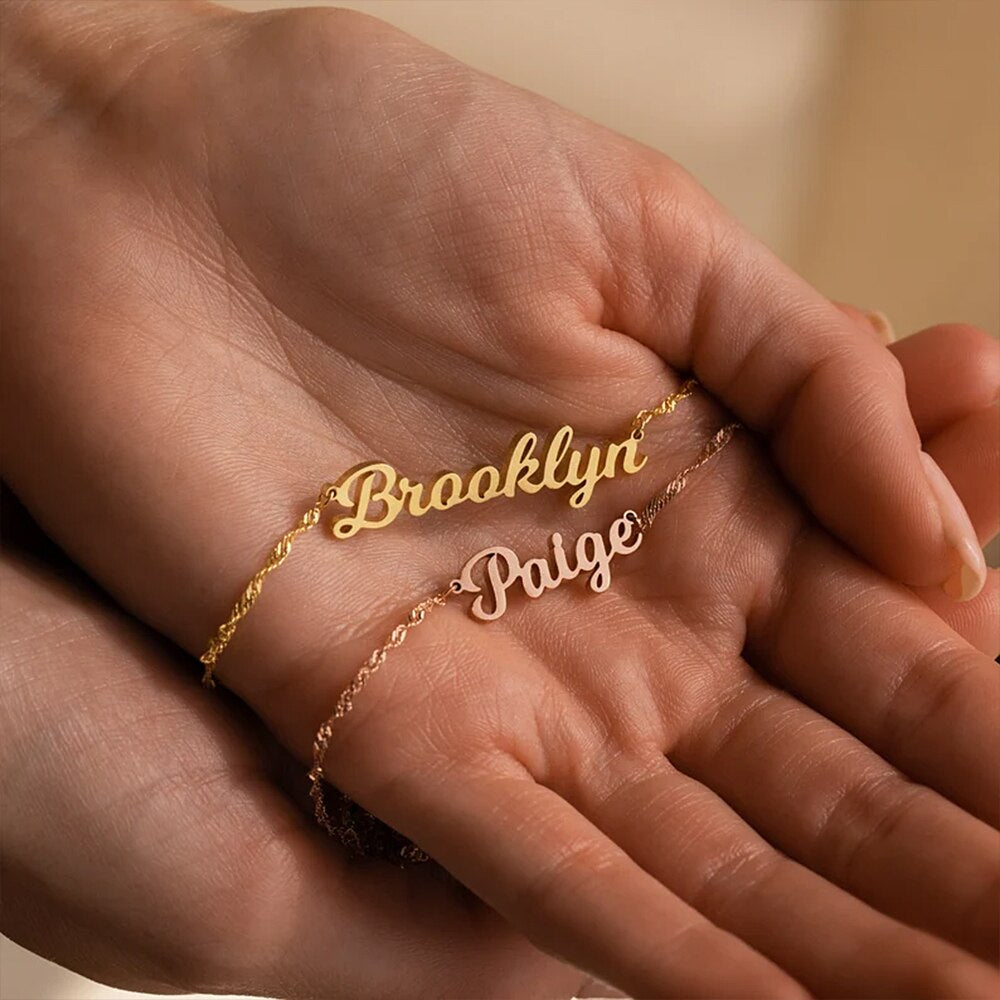 Name Necklace with Water Wave Chain - Custom Necklace