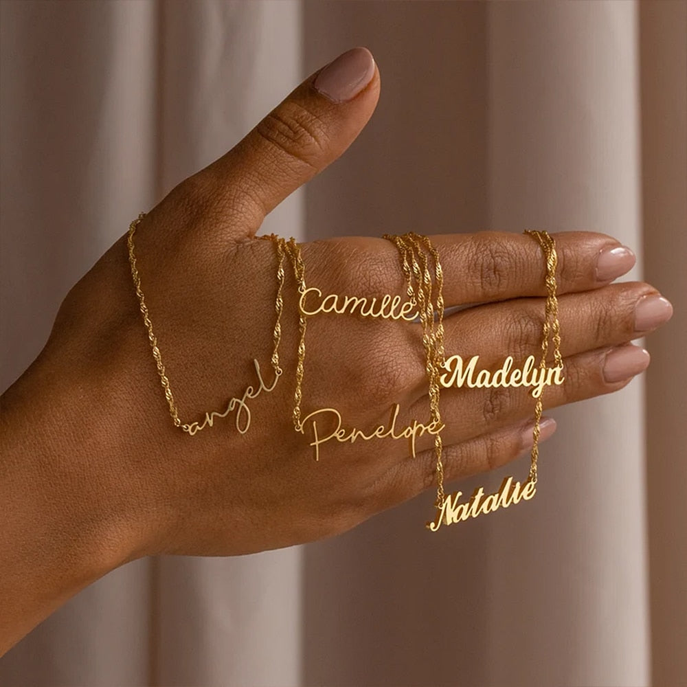 Name Necklace with Water Wave Chain - Custom Necklace