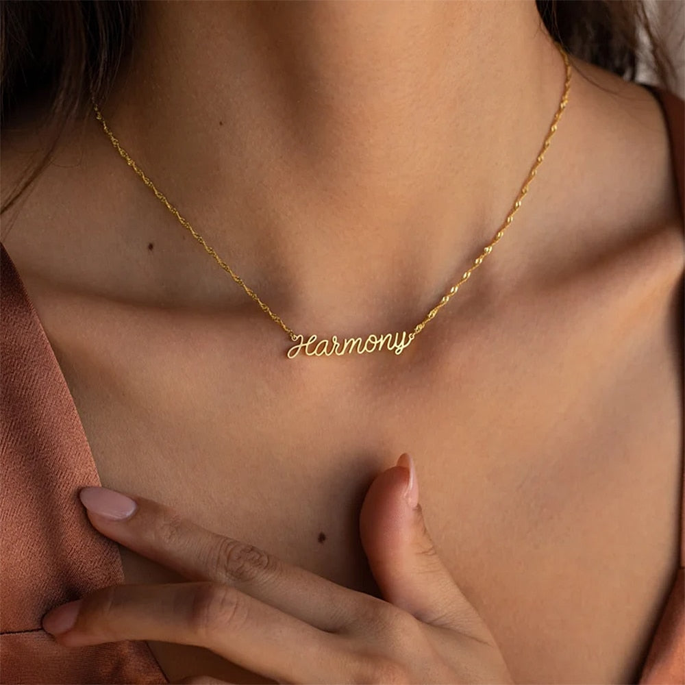 Name Necklace with Water Wave Chain - Custom Necklace