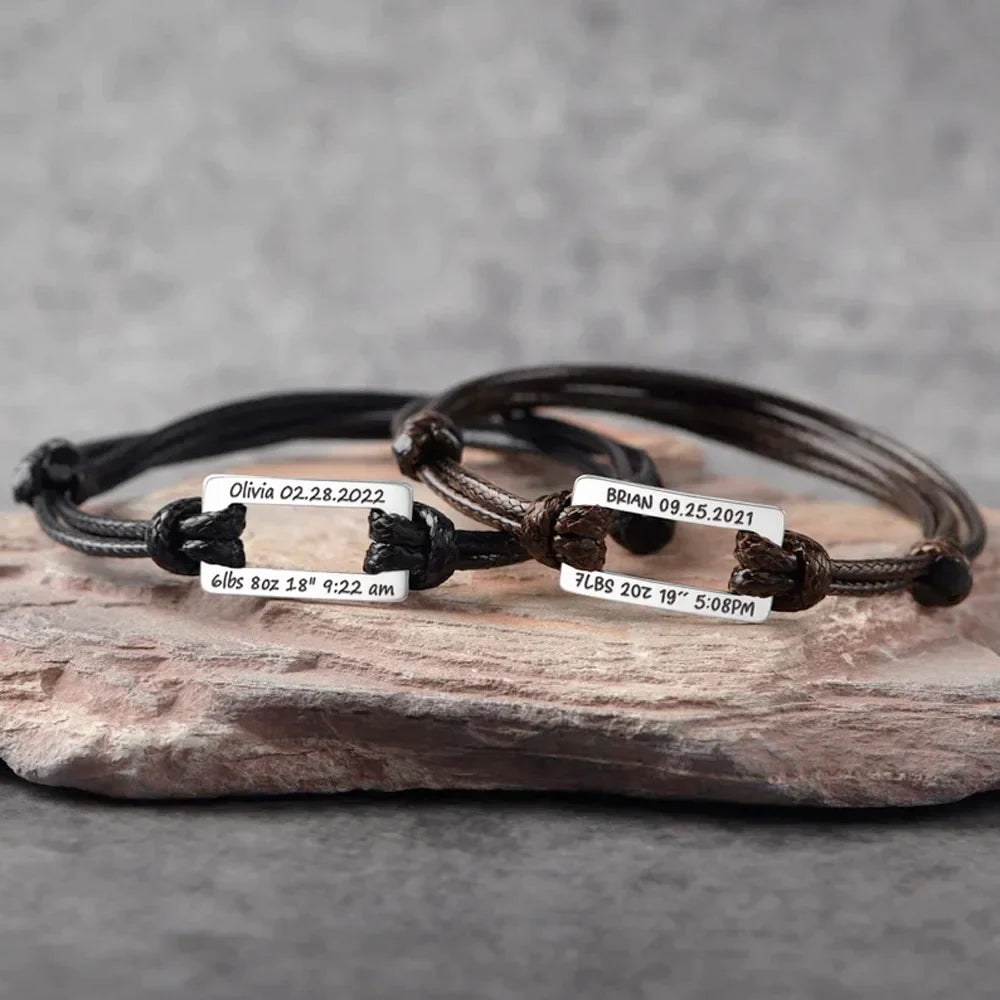 Adjustable Rope Stainless Steel Rectangle Bracelet with Baby name and Birth Data with Custom Note on the Back