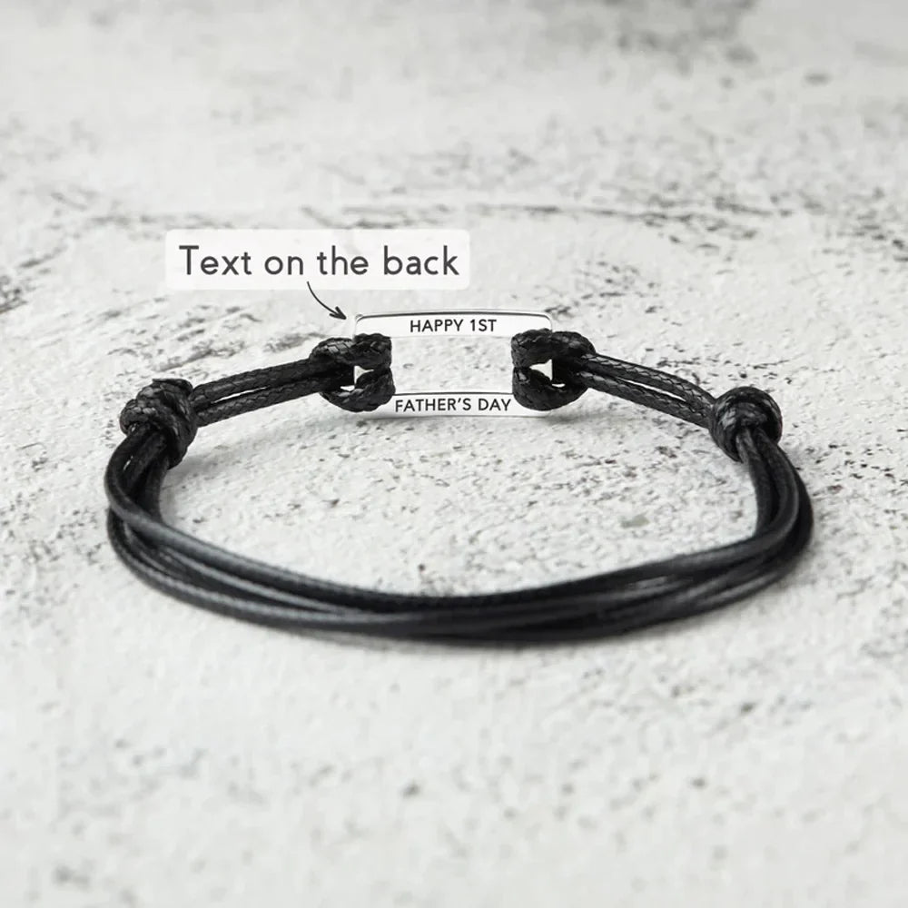 Adjustable Rope Stainless Steel Rectangle Bracelet with Baby name and Birth Data with Custom Note on the Back