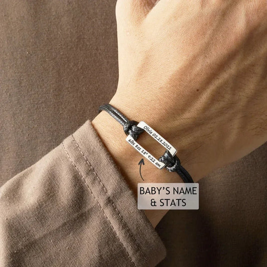 Rectangle Bracelet with Baby name and Birth Stats with Custom Text on the Back