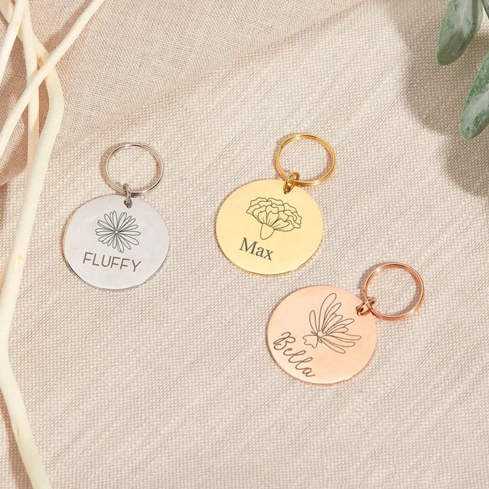 Pet Tag or Keychain with Birth Flower and Name - Keychain