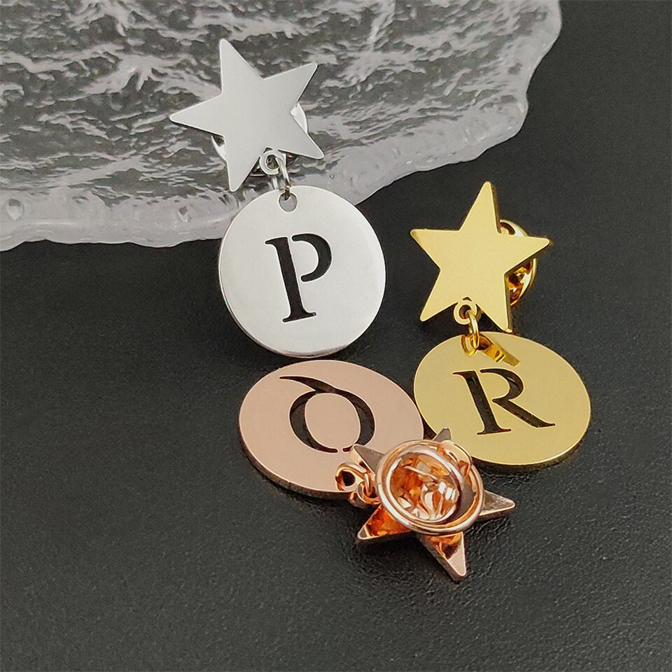 Star Brooch with Personalized Letter Pendant - Brooch