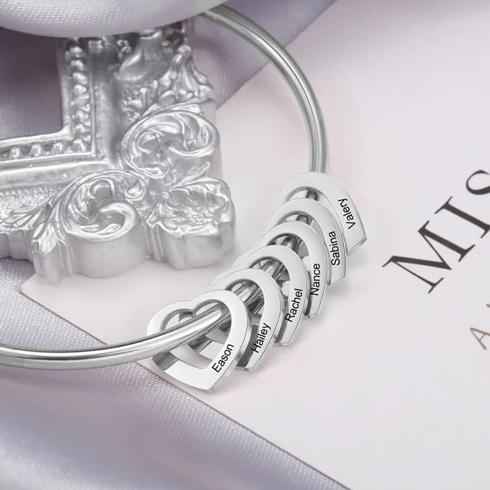 Bangle with Carved 2-6 Custom Name Heart Charms - Custom
