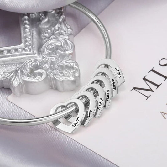 Bangle with Carved 2-6 Custom Name Heart Charms - Custom