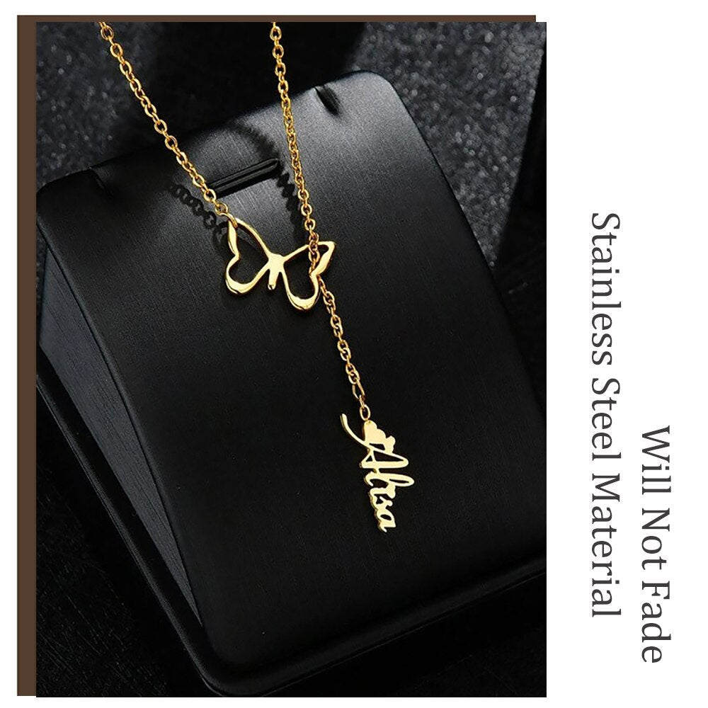 Butterfly Necklace with Vertical Name - Custom Necklace