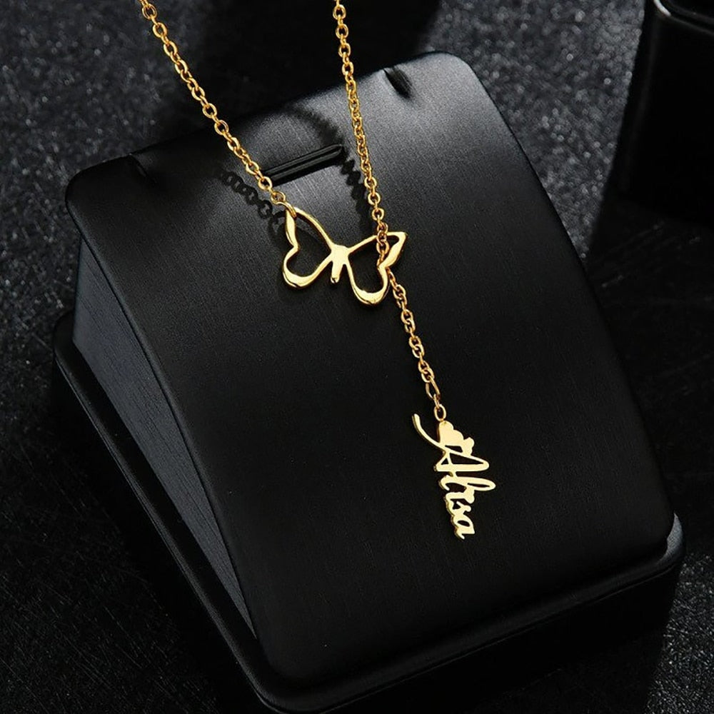 Butterfly Necklace with Vertical Name - Custom Necklace