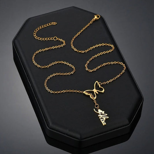 Butterfly Necklace with Vertical Name - Custom Necklace