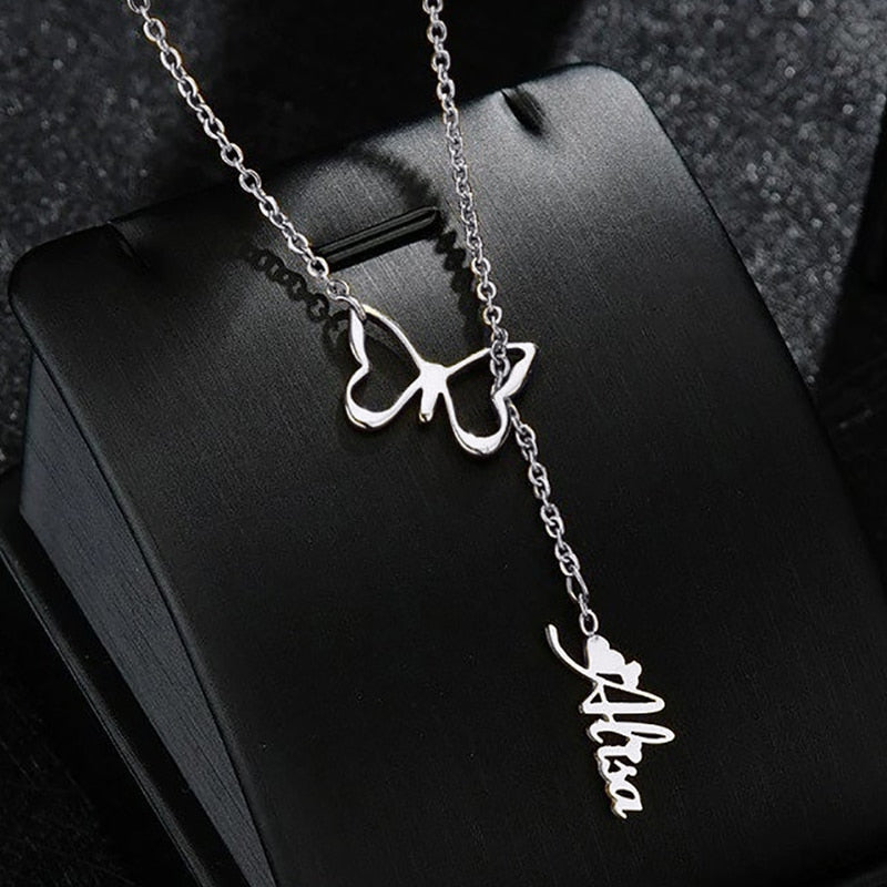 Butterfly Necklace with Vertical Name - Custom Necklace